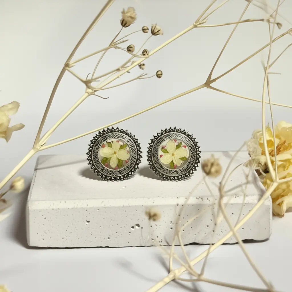 Handmade Floral Resin Baby’s Breath Earrings in Silver Frame