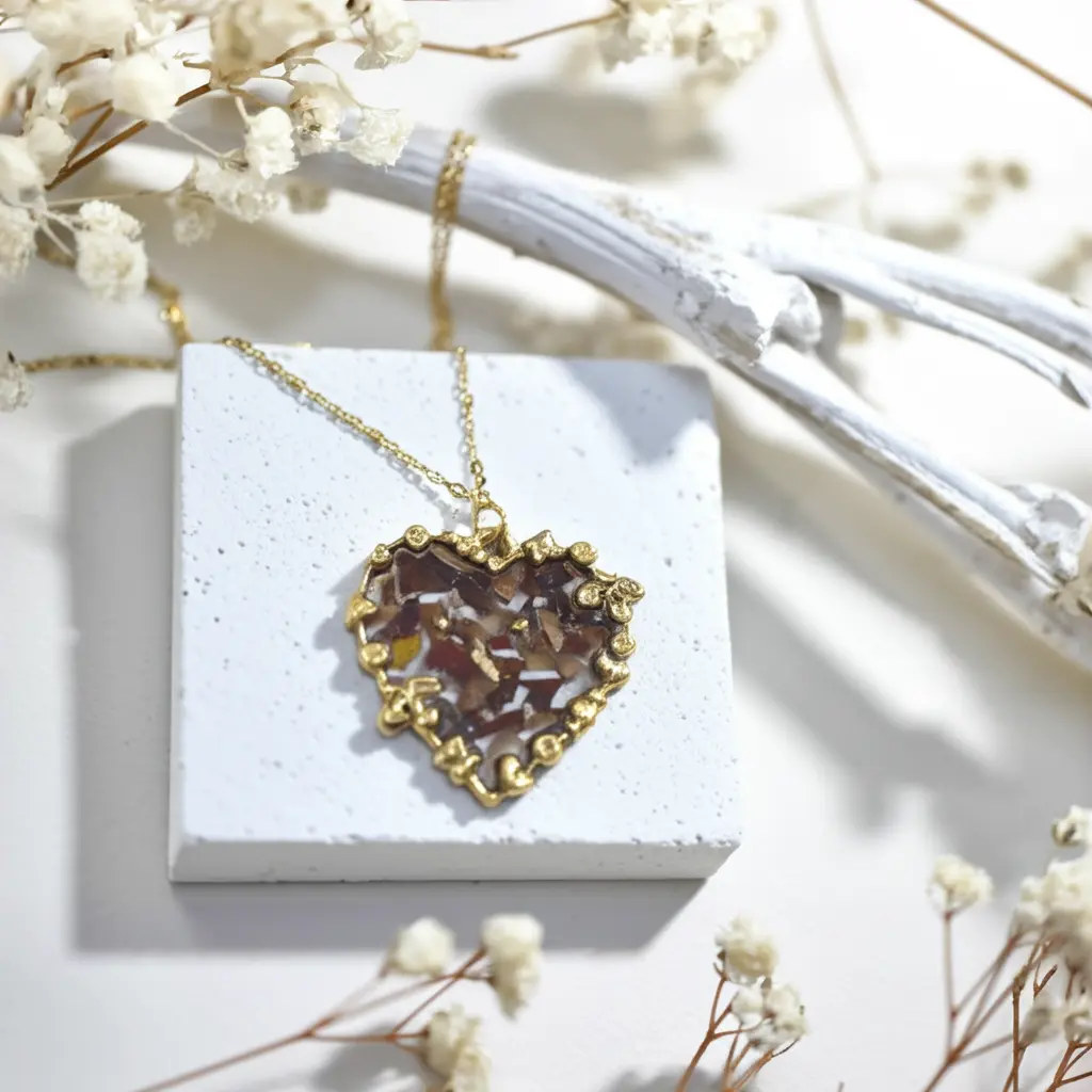 Handmade Heart-Shaped Floral Resin Necklace in Gold Frame
