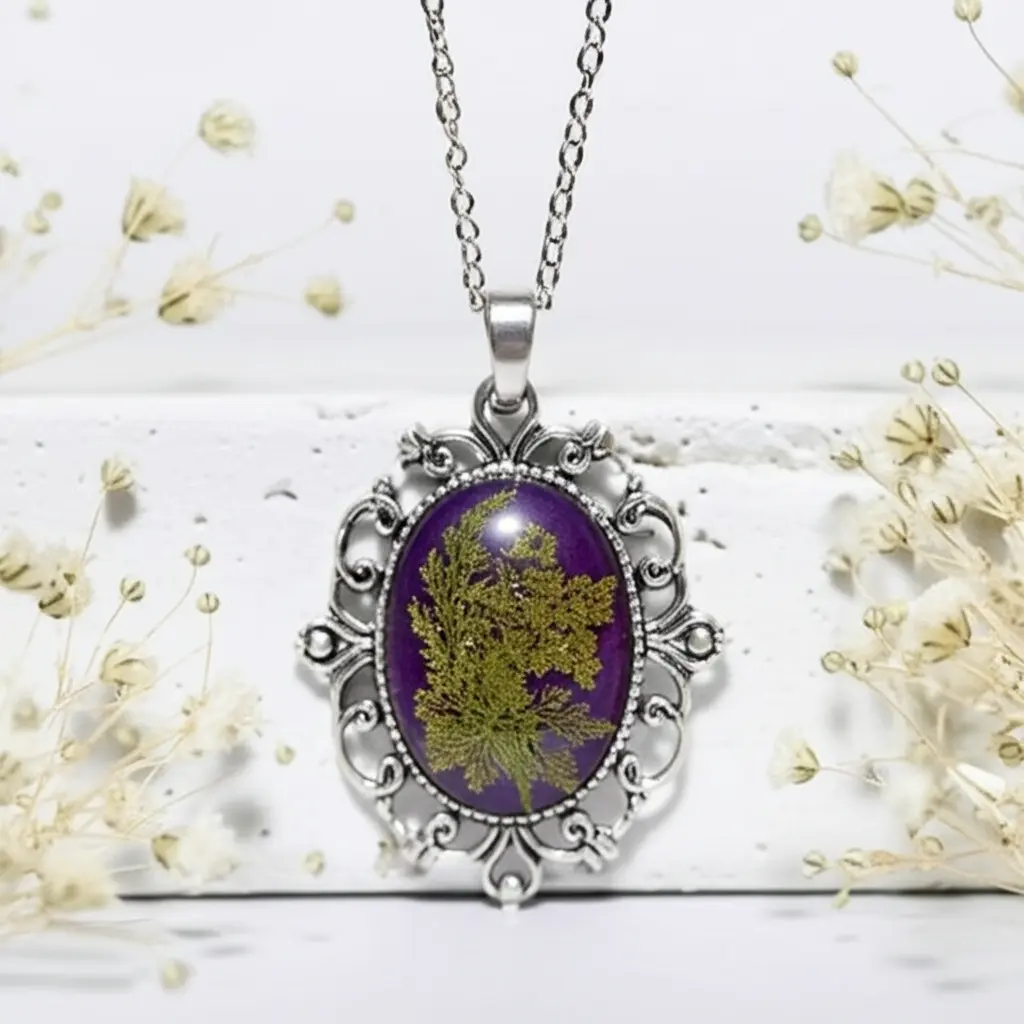 Handmade Purple Resin Flower Necklace with Ornate Silver Frame