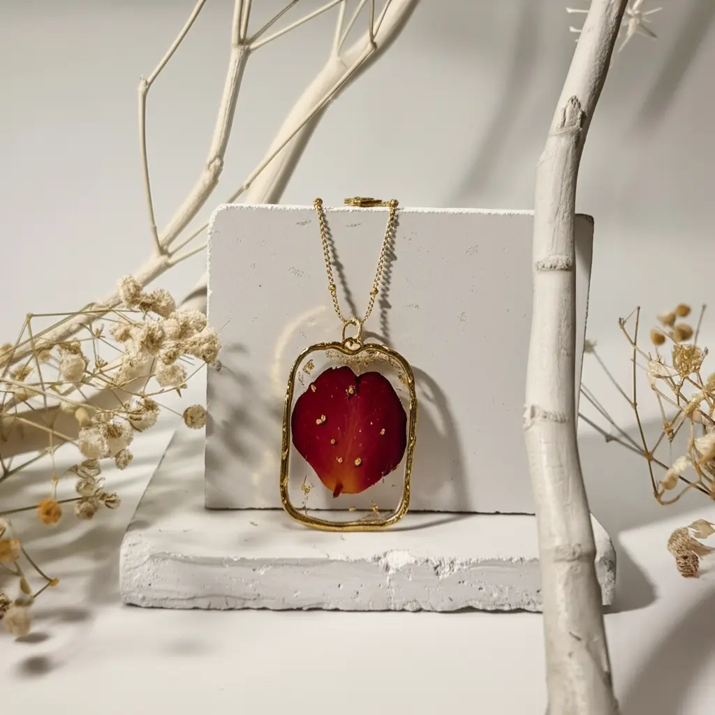 Handmade Red Rose Petal Heart Necklace with Gold Frame