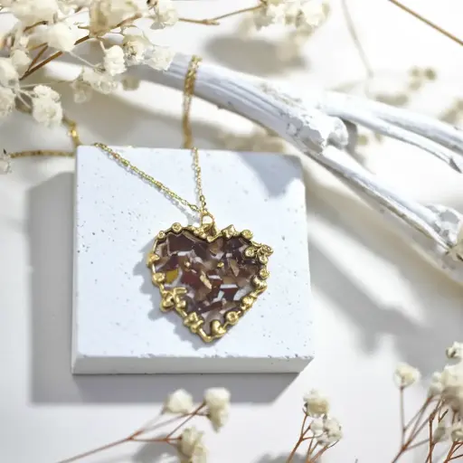 Handmade Heart-Shaped Floral Resin Necklace in Gold Frame
