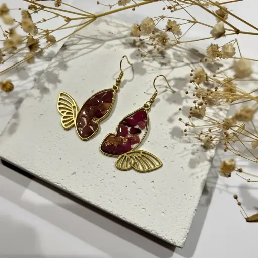 Handmade Butterfly Wing Floral Resin Earrings in Gold Frame