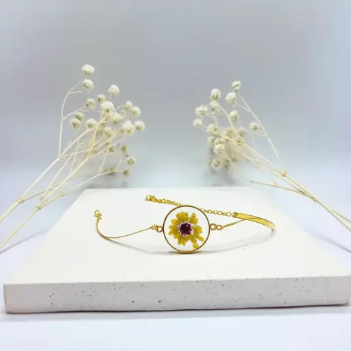 Handmade Gold-Tone Floral Bracelet with Preserved Flower Pendant