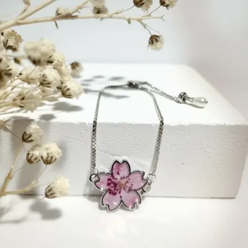 Handmade Silver-Tone Cherry Blossom Bracelet with Preserved Flower Pendant