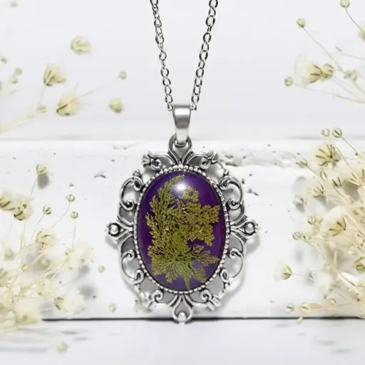 Handmade Purple Resin Flower Necklace with Ornate Silver Frame