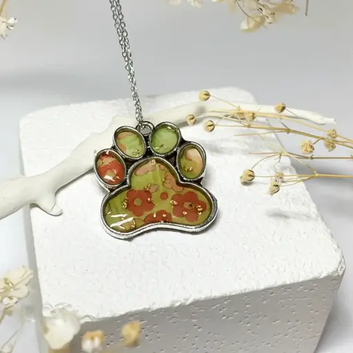 Handmade Floral Paw Print Resin Necklace