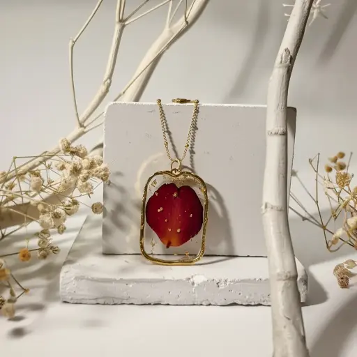 Handmade Red Rose Petal Heart Necklace with Gold Frame