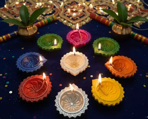 Navratri Diya Set – Hand-Painted Diyas in Nine Colors (Set of 9)